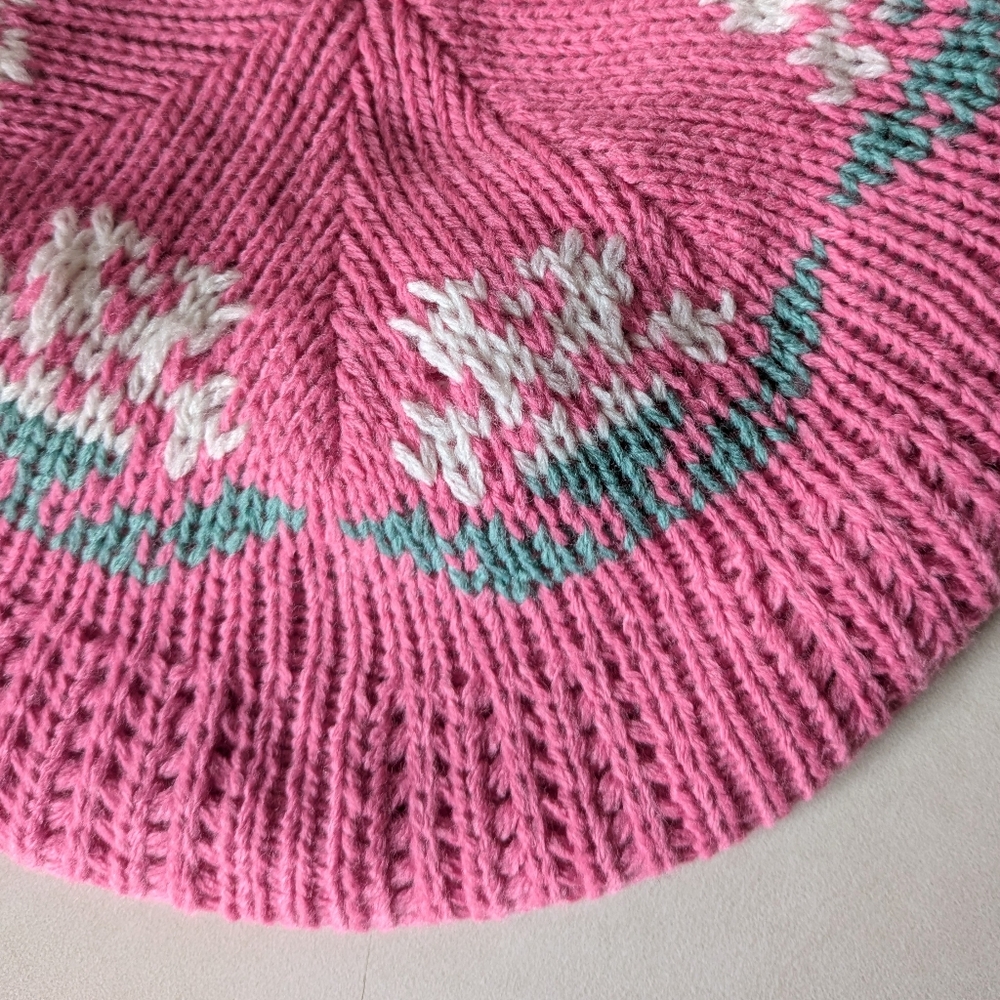 80s Vintage Knit Beret Fair Isle Winter Hat Pink White Flower Beanie Cap Tam - Picture 4 of 16